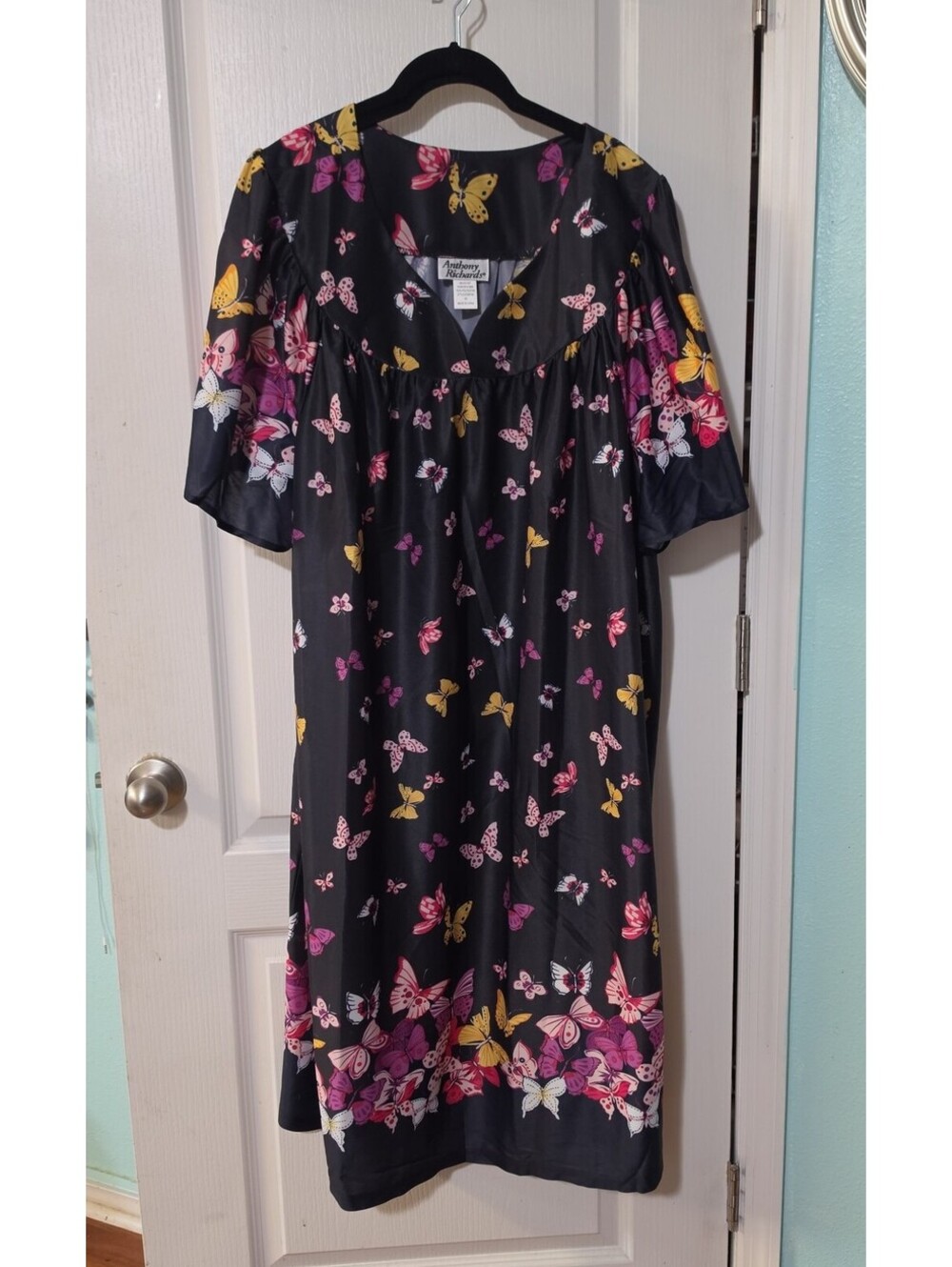 Anthony Richards vintage black multi butterfly night gown house dress 4X 46" L